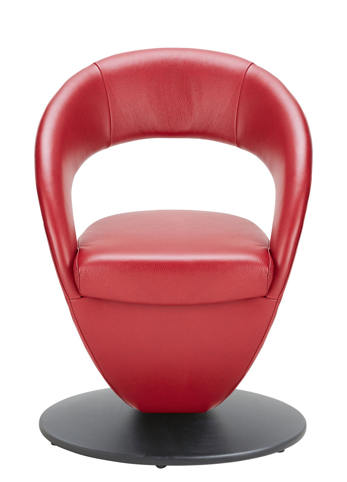 Roter Sessel mit modernem Design, frontal fotografiert, auf einer schwarzen runden Basis.