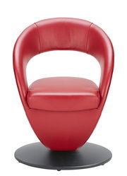 Roter Sessel mit modernem Design, frontal fotografiert, auf einer schwarzen runden Basis.