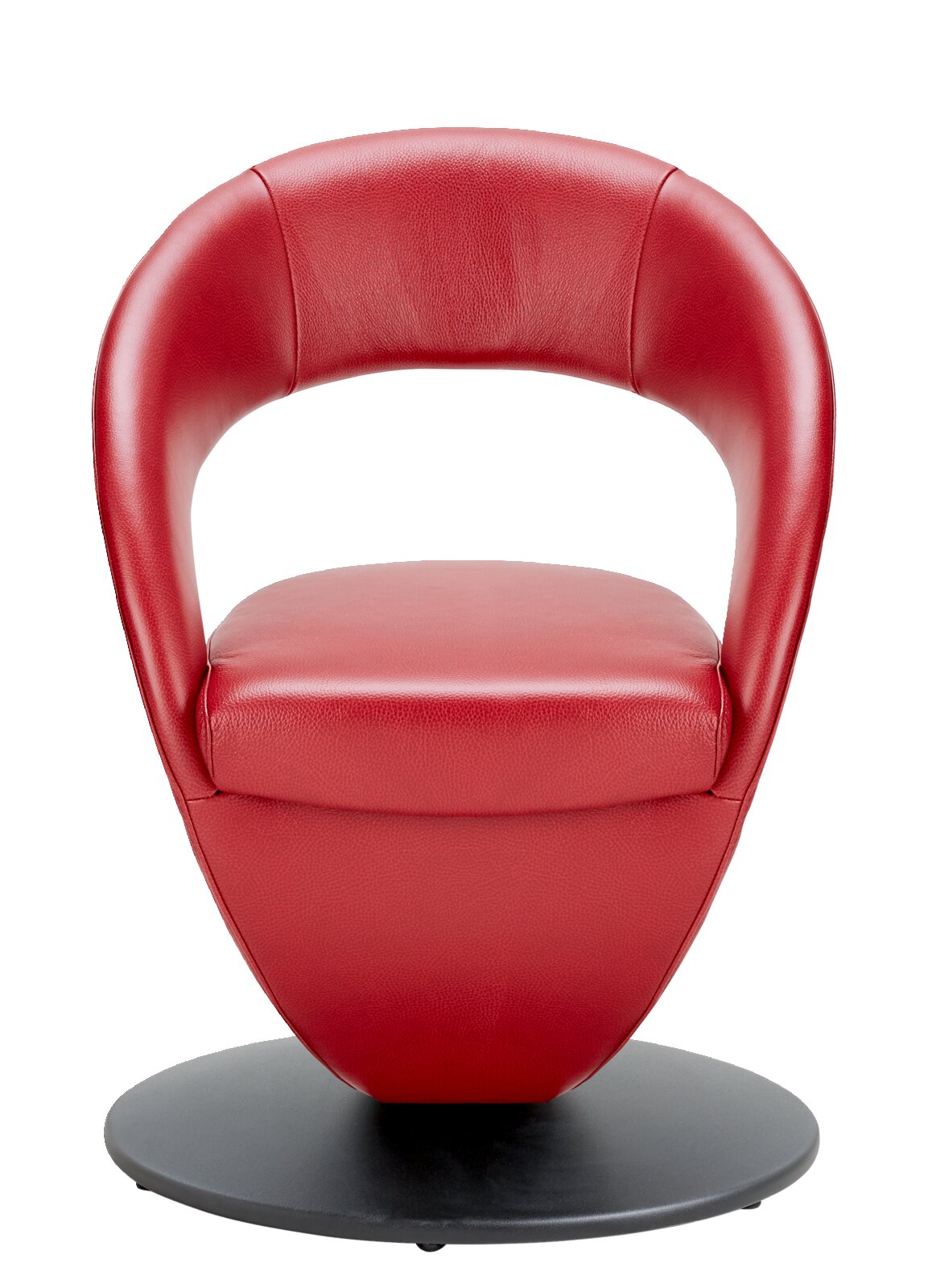Roter Sessel mit modernem Design, frontal fotografiert, auf einer schwarzen runden Basis.