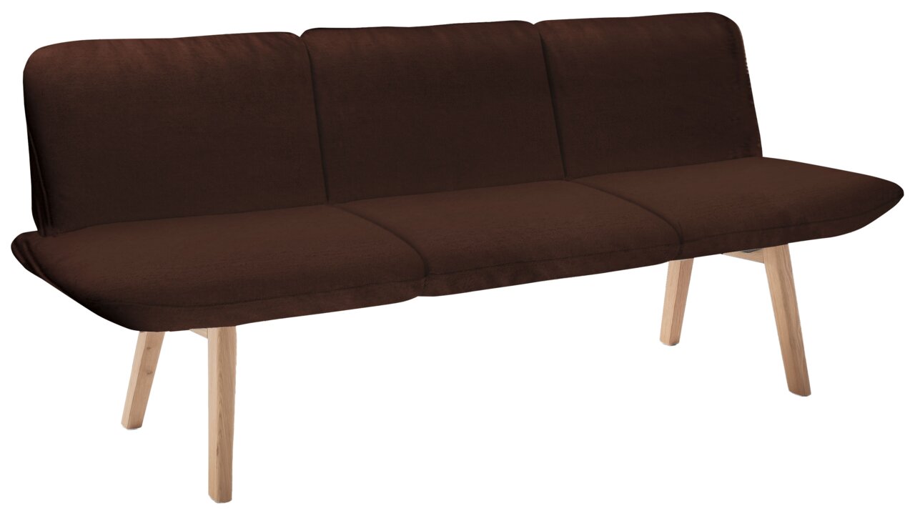 Braune Sitzbank mit drei Sitzplätzen und Holzbeinen, seitliche Perspektive