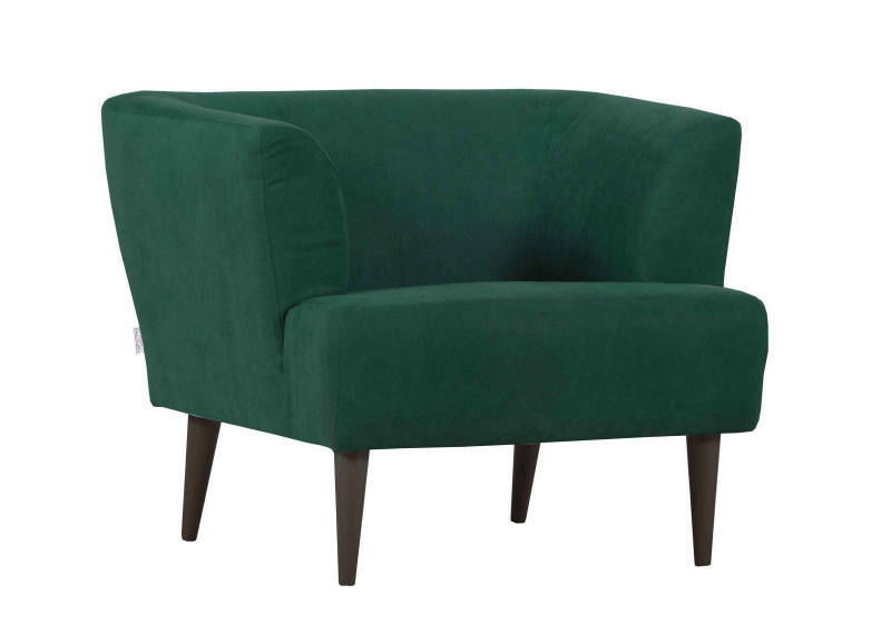 Grüner Sessel mit dunklen Holzbeinen, seitliche Perspektive