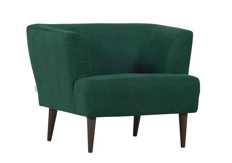 Grüner Sessel mit dunklen Holzbeinen, seitliche Perspektive