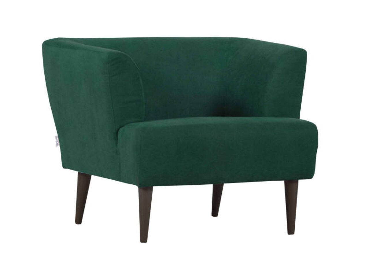 Grüner Sessel mit dunklen Holzbeinen, seitliche Perspektive