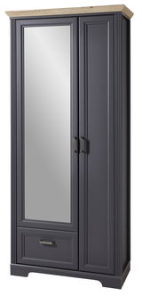 Garderobenschrank breit JUDITH in dunklem Holz mit Spiegel und Schublade, Frontalansicht