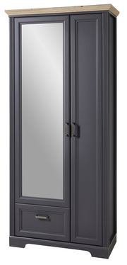 Garderobenschrank breit JUDITH in dunklem Holz mit Spiegel und Schublade, Frontalansicht