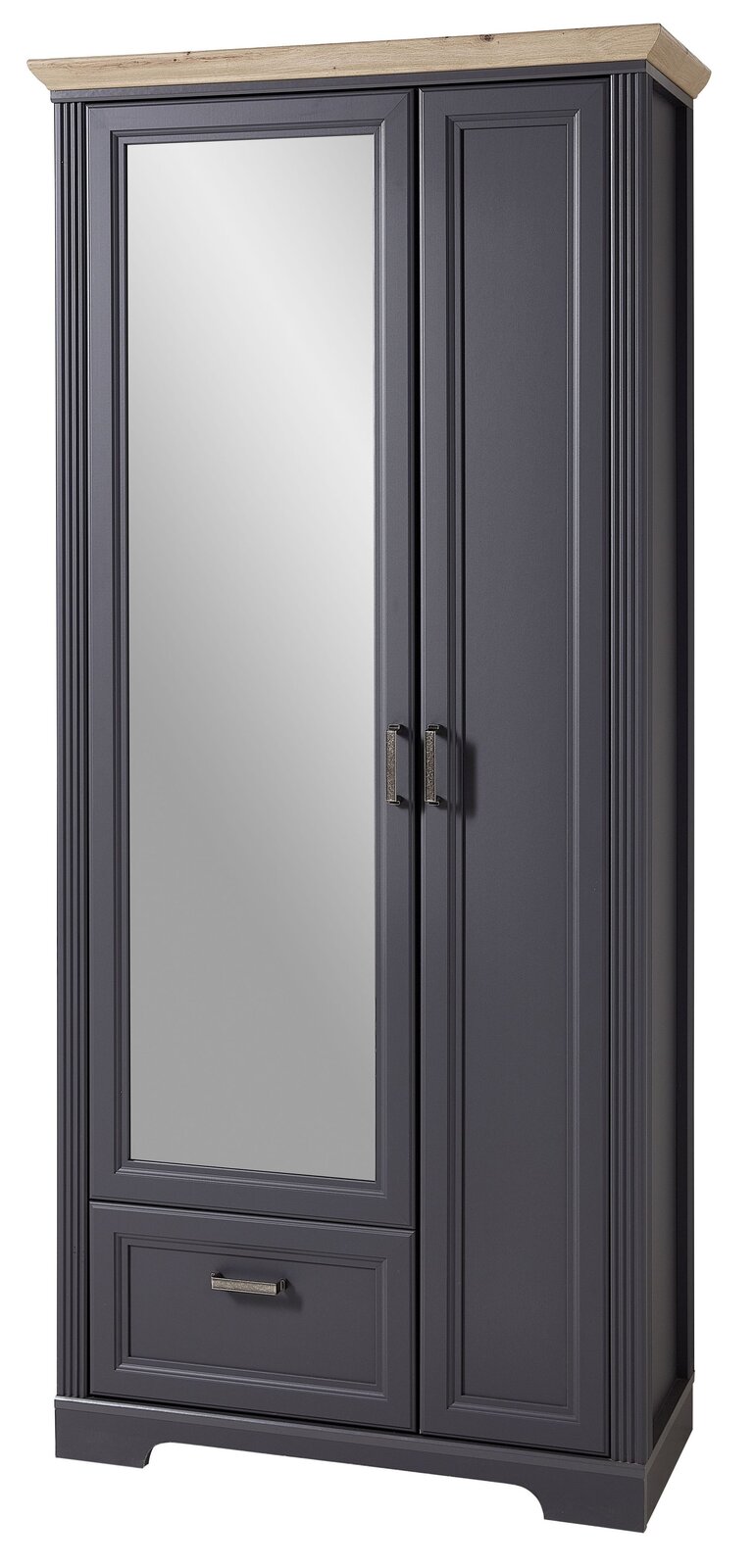 Garderobenschrank breit JUDITH in dunklem Holz mit Spiegel und Schublade, Frontalansicht