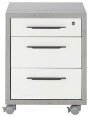 Rollcontainer mit drei Schubladen, grauer Korpus und weiße Fronten, auf Rollen, Vorderansicht