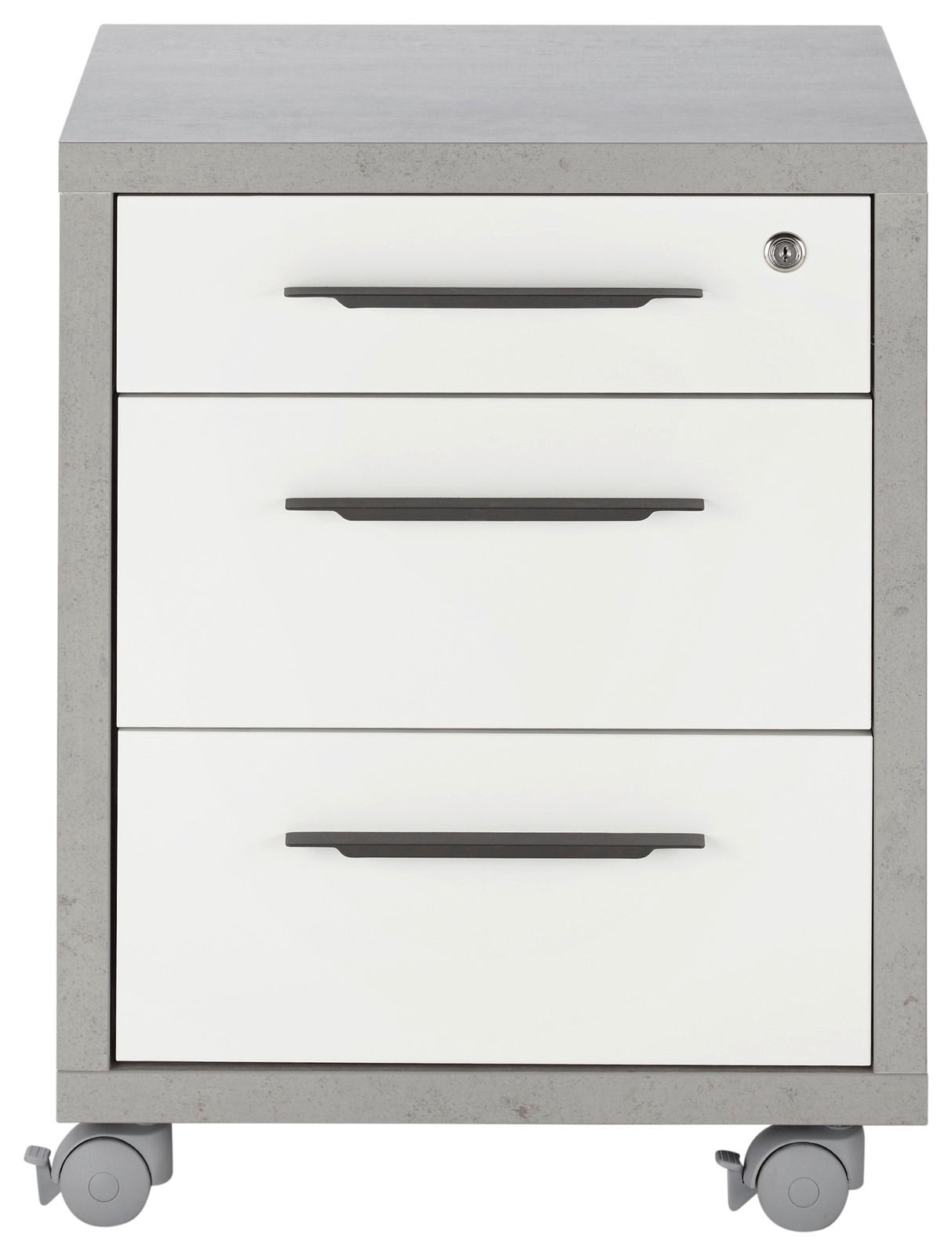 Rollcontainer mit drei Schubladen, grauer Korpus und weiße Fronten, auf Rollen, Vorderansicht