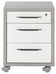 Rollcontainer mit drei Schubladen, grauer Korpus und weiße Fronten, auf Rollen, Vorderansicht