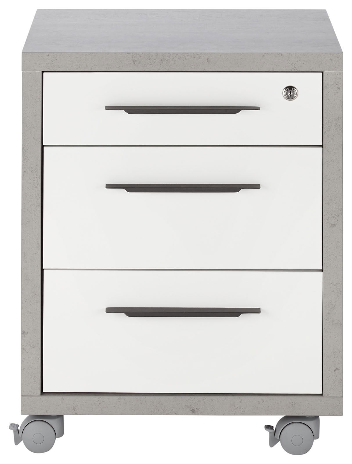 Rollcontainer mit drei Schubladen, grauer Korpus und weiße Fronten, auf Rollen, Vorderansicht