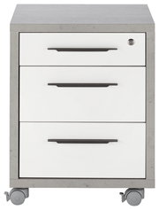 Rollcontainer mit drei Schubladen, grauer Korpus und weiße Fronten, auf Rollen, Vorderansicht