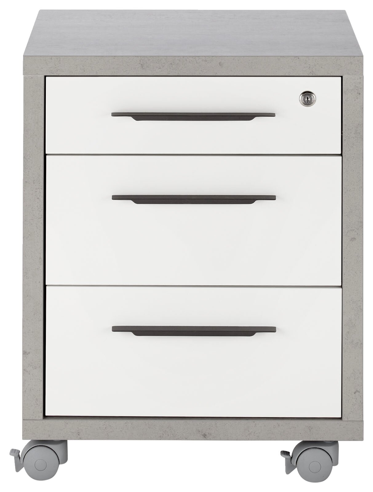 Rollcontainer mit drei Schubladen, grauer Korpus und weiße Fronten, auf Rollen, Vorderansicht