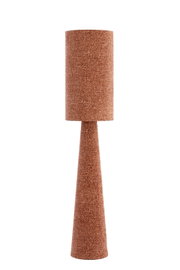 Vooraanzicht van een slanke hoge vloerlamp met taps toelopende voet en cilindervormige kap, volledig bekleed met roestbruine gemêleerde stof