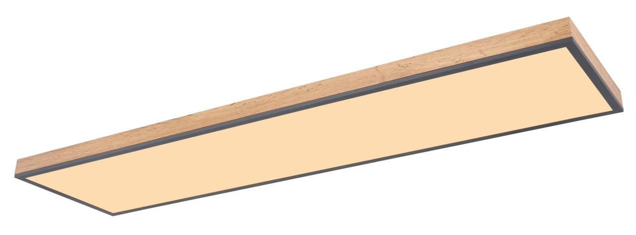 Rechteckige Deckenleuchte mit Holzrahmen und warmweißer Lichtfläche, seitliche Perspektive
