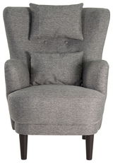 Grauer Ohrensessel mit zwei Kissen, frontal fotografiert