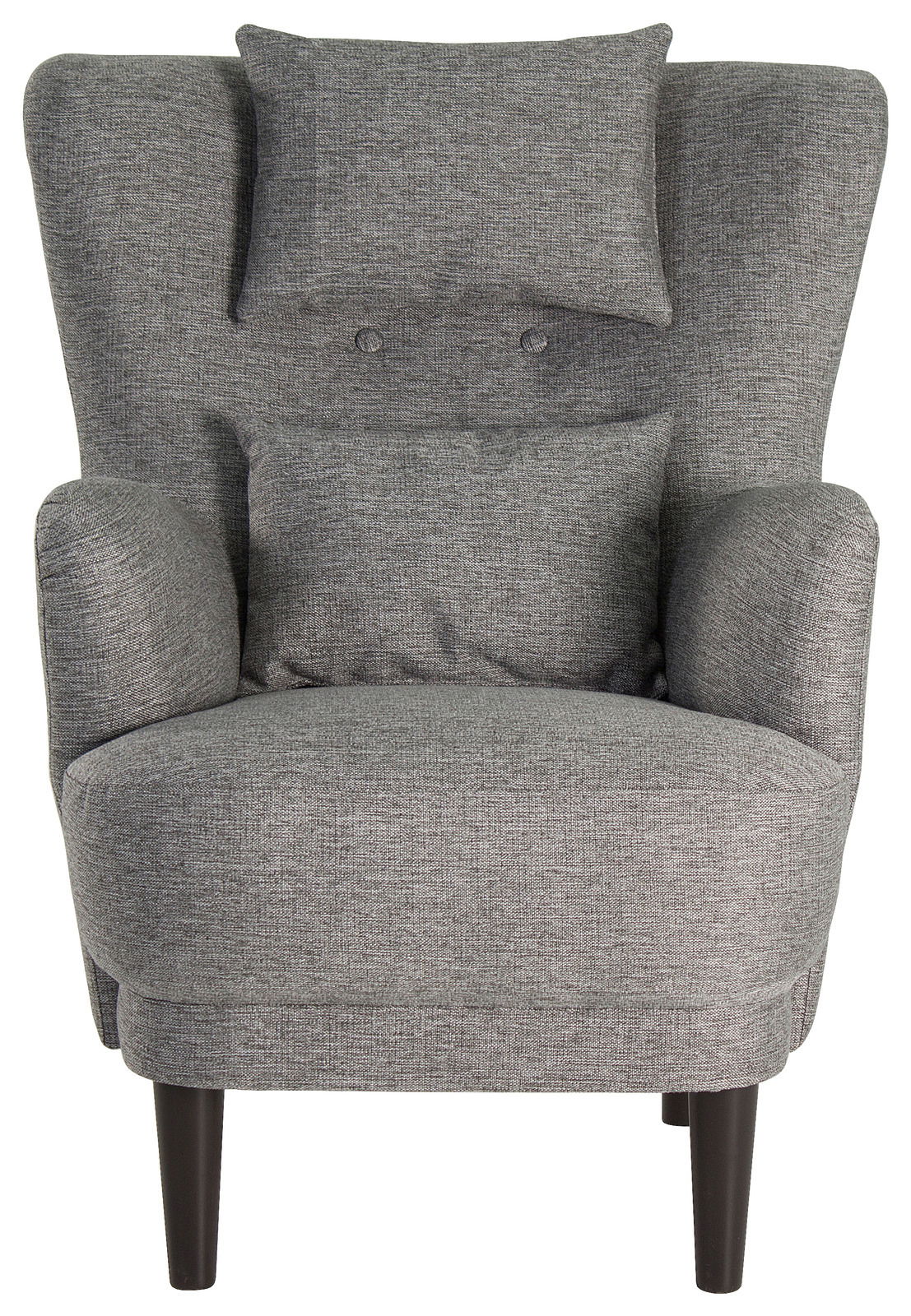 Grauer Ohrensessel mit zwei Kissen, frontal fotografiert