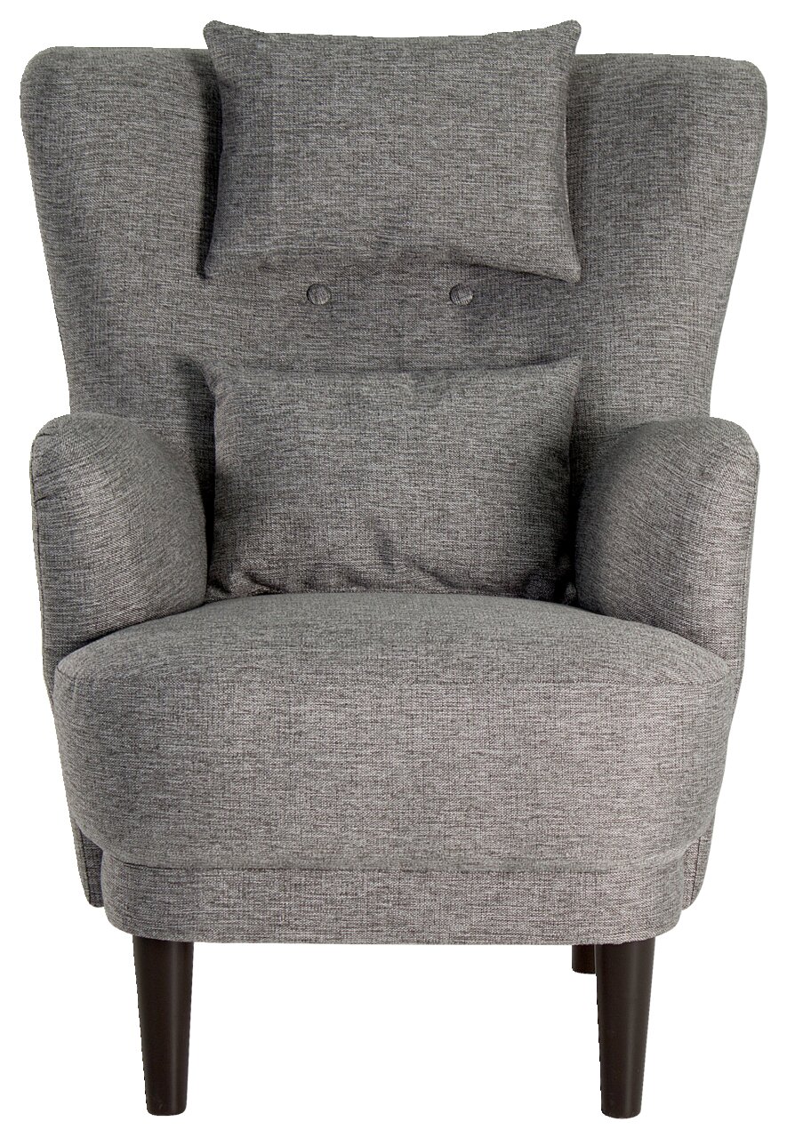 Grauer Ohrensessel mit zwei Kissen, frontal fotografiert