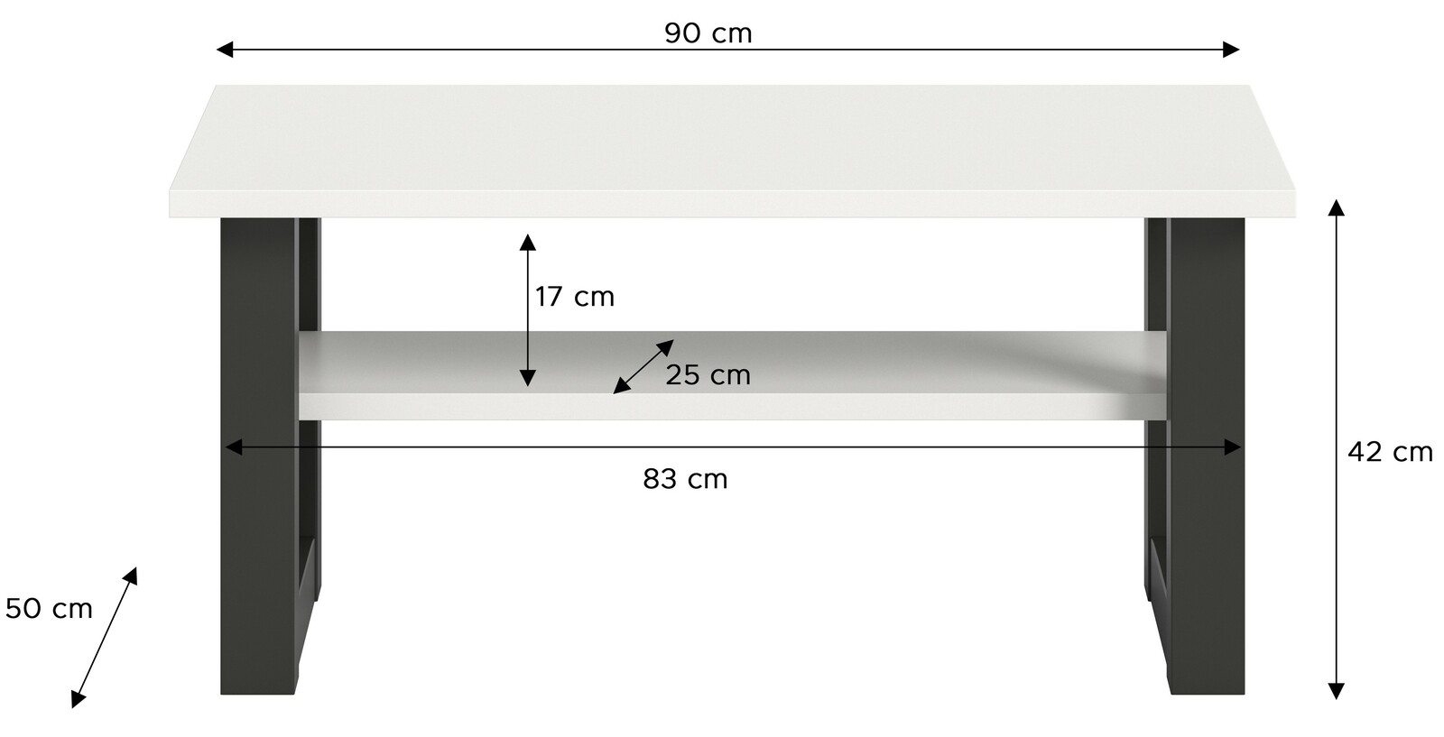 Moderner Couchtisch SEATTLE mit weißer Tischplatte und schwarzem Gestell, Frontansicht mit Maßen.