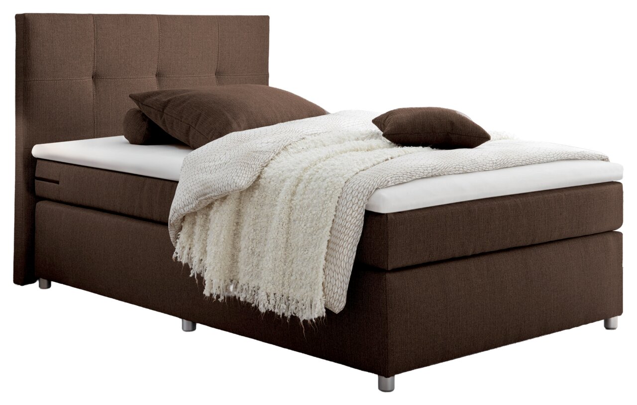 Boxspringbett in braunem Stoffbezug mit Kopfteil, seitliche Perspektive