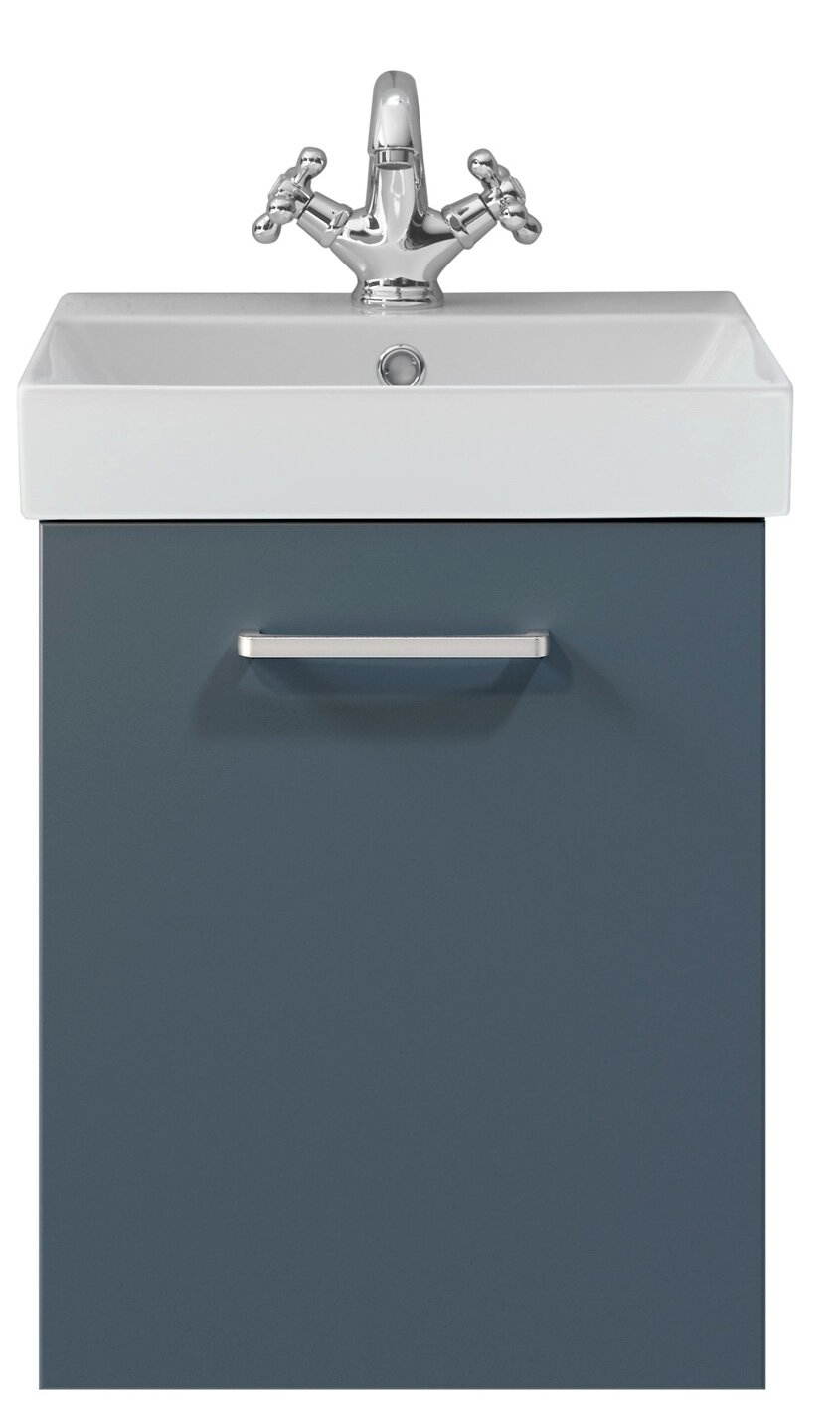 Modernes Bad-Waschbecken mit weißem Keramikbecken, blau-grauem Unterschrank mit Griff und verchromter Zweigriff-Armatur, Frontalansicht