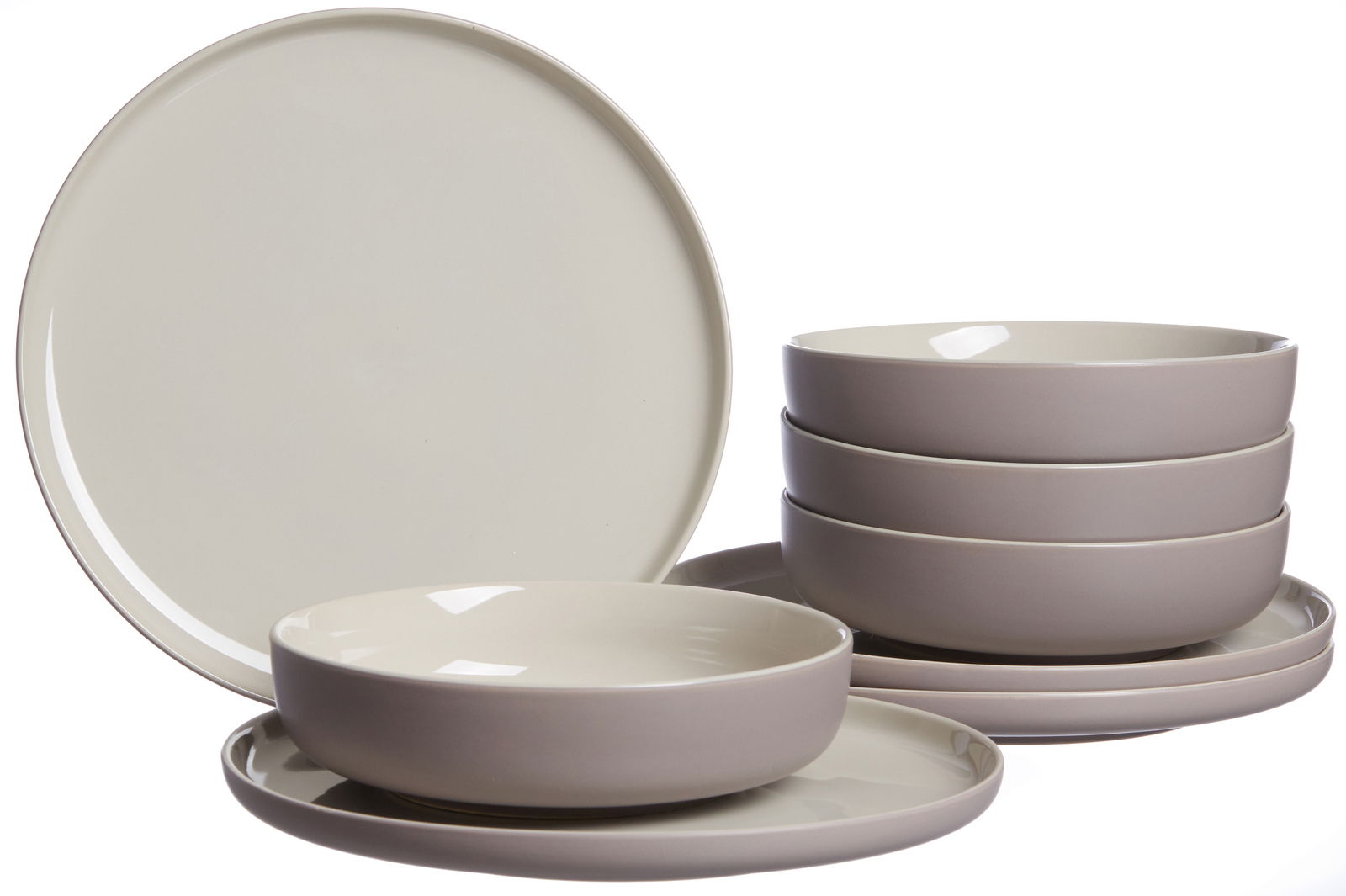 Tafel-Set Jasper 8-tlg. in seitlicher Perspektive, bestehend aus mehreren Tellern und Schalen in neutralen Farben.