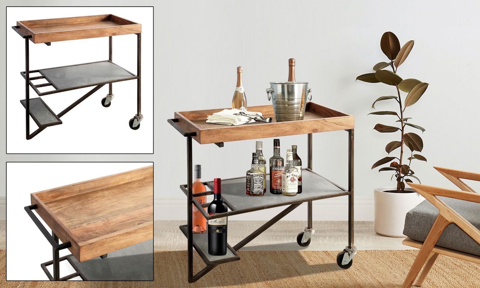 Moderner Küchenwagen mit Holztablett und Metallrahmen, ausgestattet mit Rollen. Perspektive: seitliche Ansicht.