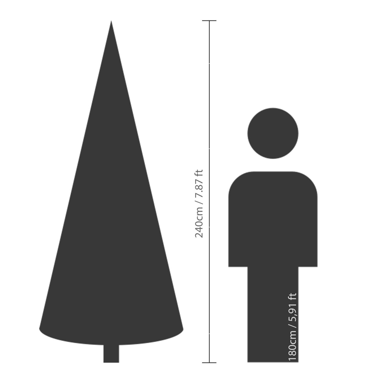 Afbeelding van een kerstboom van 240 cm hoog in vergelijking met een persoon van 180 cm, zijaanzicht.