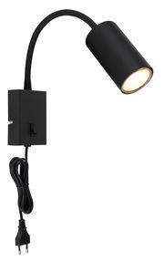 Schwarze, matte Wandleuchte aus Metall mit flexiblem Arm und integriertem Schalter, seitliche Perspektive