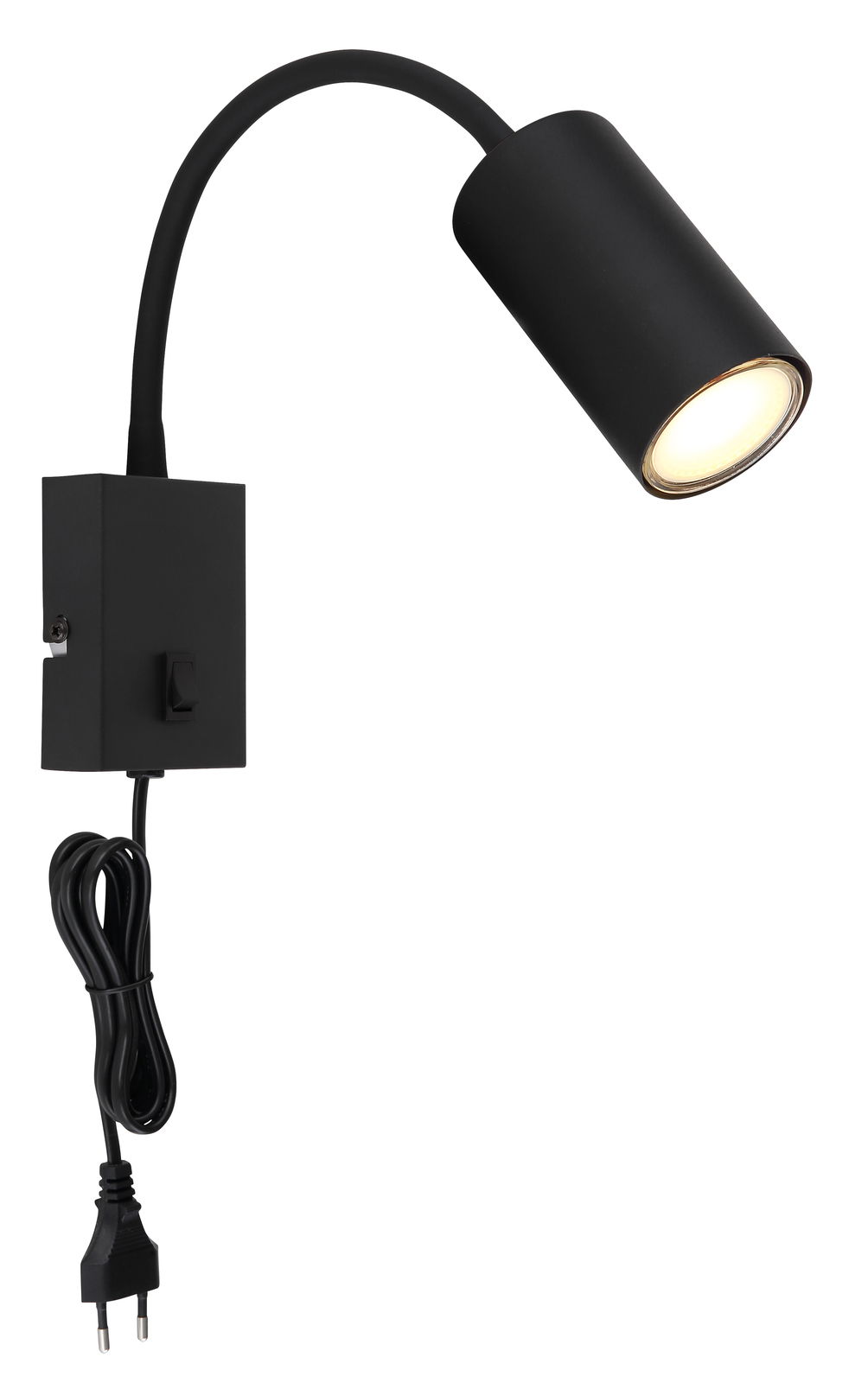 Schwarze, matte Wandleuchte aus Metall mit flexiblem Arm und integriertem Schalter, seitliche Perspektive