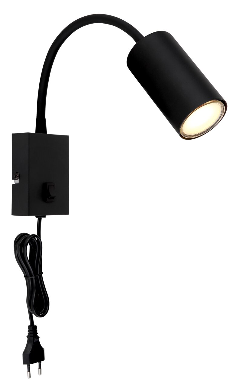 Schwarze, matte Wandleuchte aus Metall mit flexiblem Arm und integriertem Schalter, seitliche Perspektive