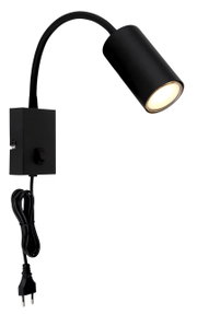 Zwarte, matte wandlamp van metaal met flexibele arm en ingebouwde schakelaar, zijaanzicht