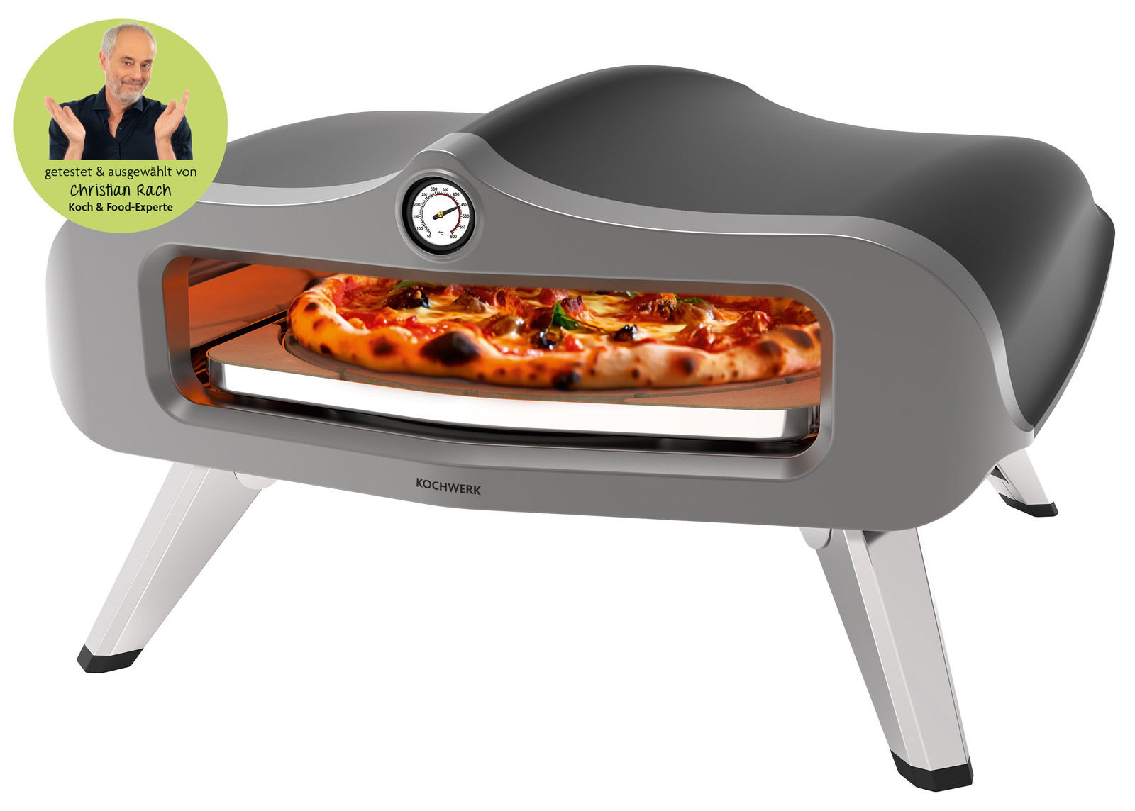 Gas-Pizzaofen mit Thermometer und gebackener Pizza, seitliche Perspektive