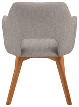 Rückansicht eines Sessels mit grauem Stoffbezug und Holzbeinen