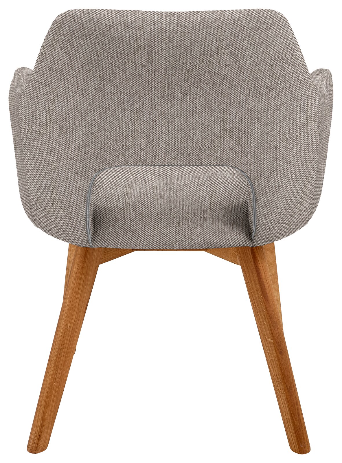 Rückansicht eines Sessels mit grauem Stoffbezug und Holzbeinen