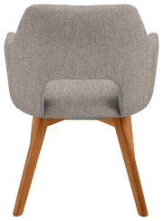 Rückansicht eines Sessels mit grauem Stoffbezug und Holzbeinen