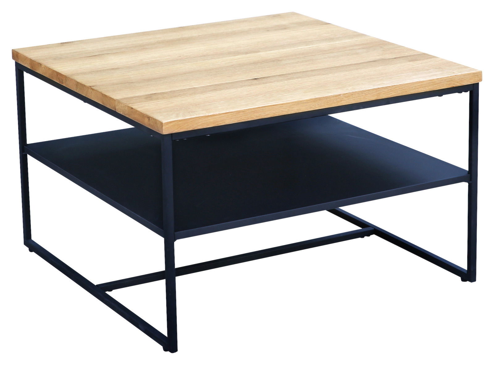 Moderner Couchtisch mit Holzplatte und schwarzem Metallgestell, seitliche Perspektive