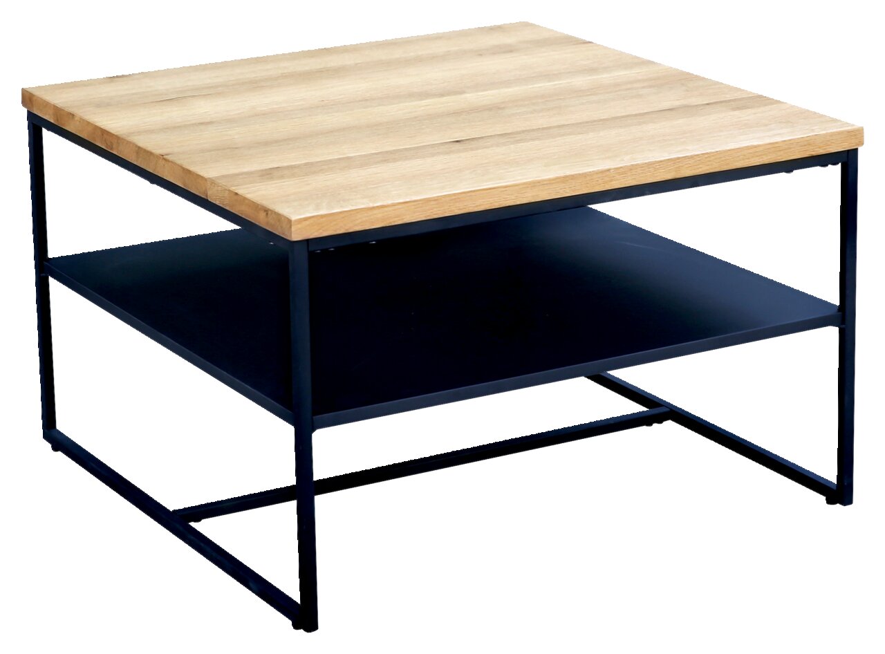 Moderner Couchtisch mit Holzplatte und schwarzem Metallgestell, seitliche Perspektive