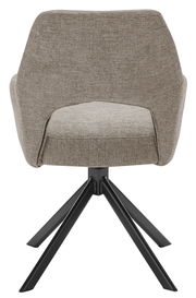 Rückansicht eines modernen Armlehnstuhls mit grauem Stoffbezug und schwarzem Metallgestell.