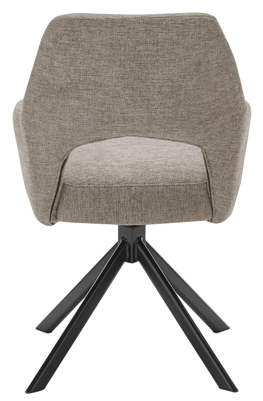 Rückansicht eines modernen Armlehnstuhls mit grauem Stoffbezug und schwarzem Metallgestell.