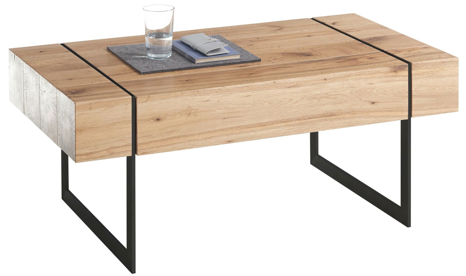 Moderner Couchtisch aus Holz mit schwarzem Metallgestell, seitliche Perspektive