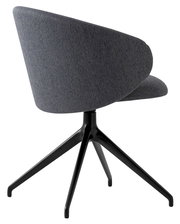 Moderner grauer Stuhl mit schwarzem Metallgestell, seitliche Rückansicht