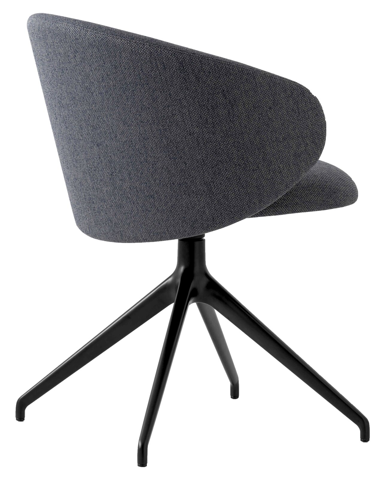 Moderner grauer Stuhl mit schwarzem Metallgestell, seitliche Rückansicht