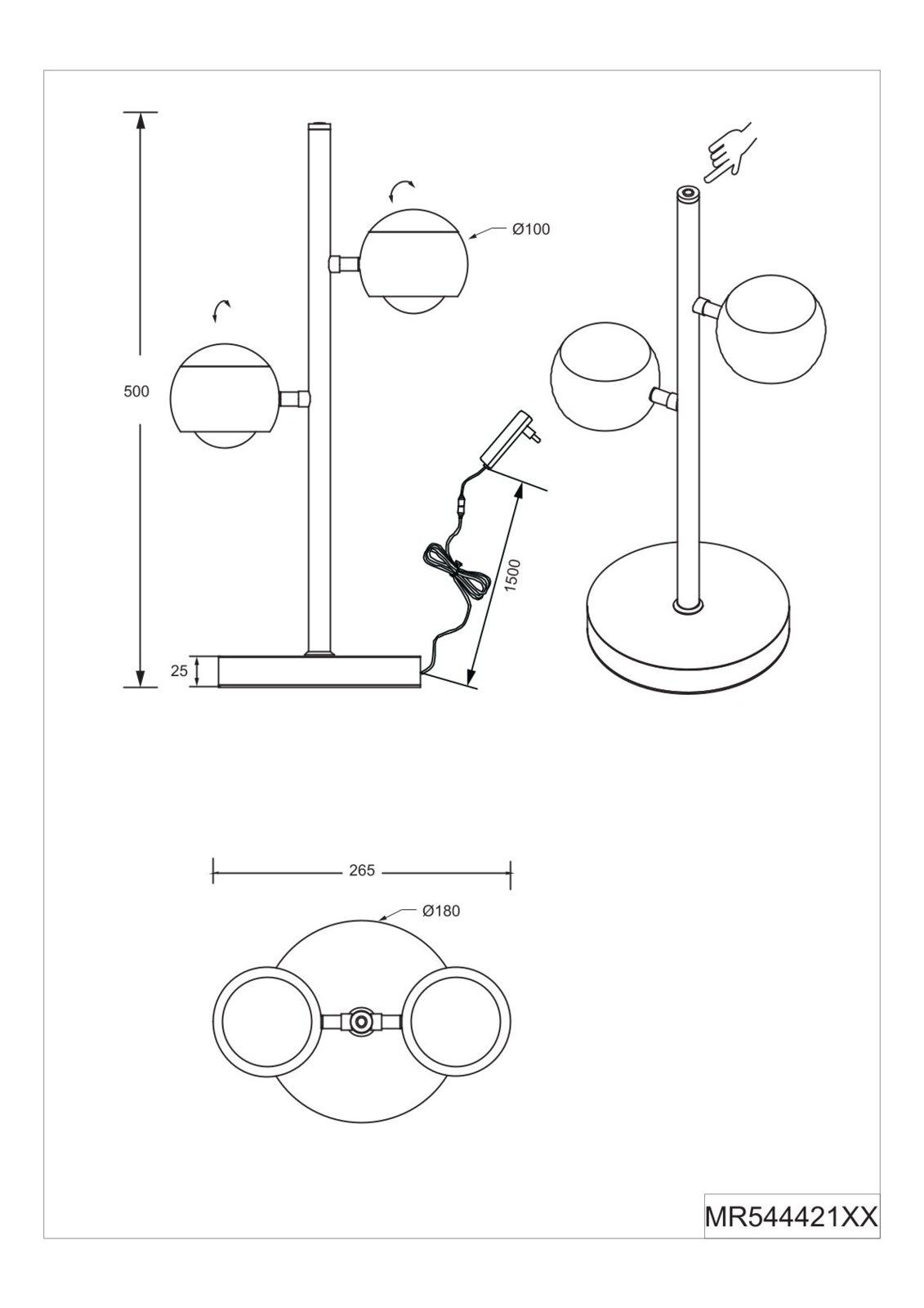 Technische Zeichnung einer Tischleuchte mit rundem Standfuß, senkrechtem Stab und zwei kugelförmigen, drehbaren Leuchtenköpfen (Ø100), Kabel mit Schalter; Ansichten in Seiten-, 3D- und Draufsicht mit Maßangaben (Höhe ca. 500 mm, Fuß Ø180, Breite ca. 265 m