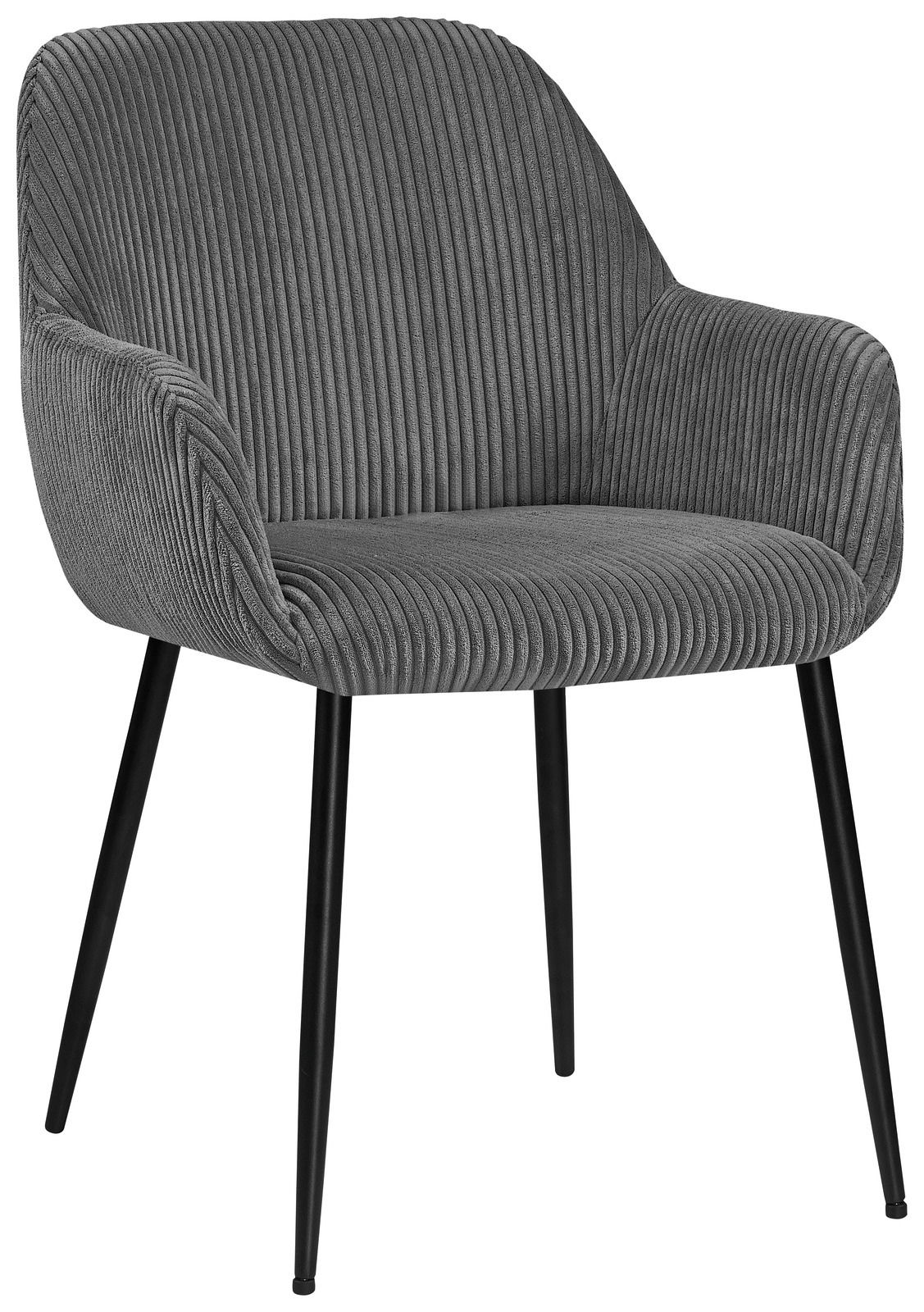 XORA Armlehnstuhl JESSY Grauer Armlehnstuhl mit geripptem Stoffbezug und schwarzen Metallbeinen, seitliche Perspektive