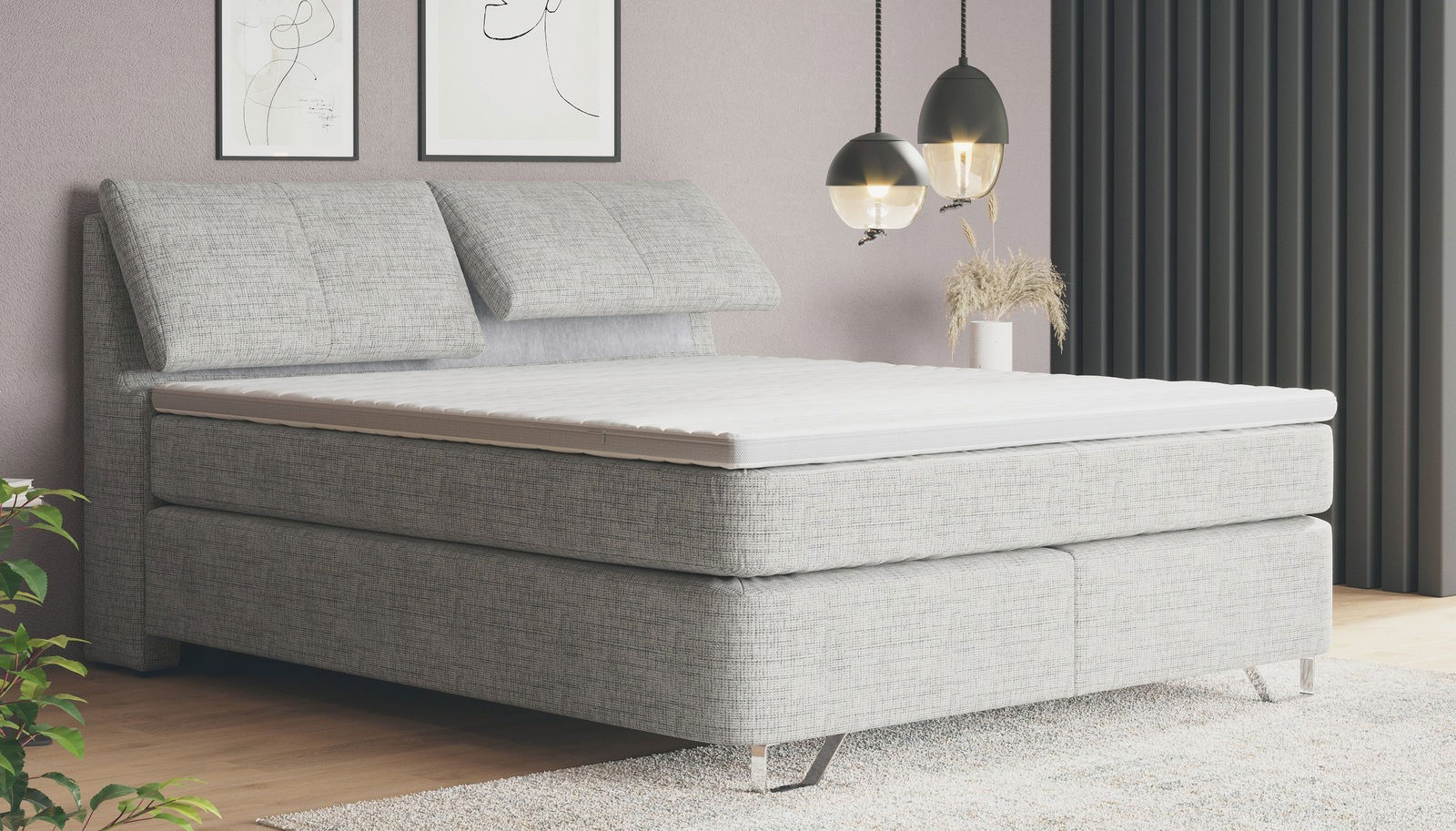Graues Boxspringbett in moderner Schlafzimmerumgebung, seitliche Perspektive