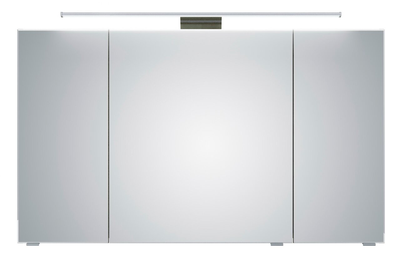 Moderner Spiegelschrank mit drei Türen und integrierter Beleuchtung, Frontalansicht.