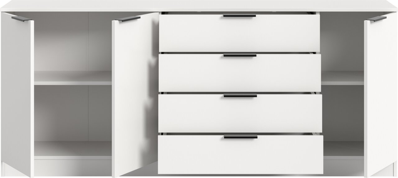 Weiße Kommode/Sideboard mit zwei geöffneten Türen links und rechts, vier Schubladen in der Mitte und schwarzen Griffen, Frontansicht