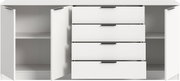 Weiße Kommode/Sideboard mit zwei geöffneten Türen links und rechts, vier Schubladen in der Mitte und schwarzen Griffen, Frontansicht