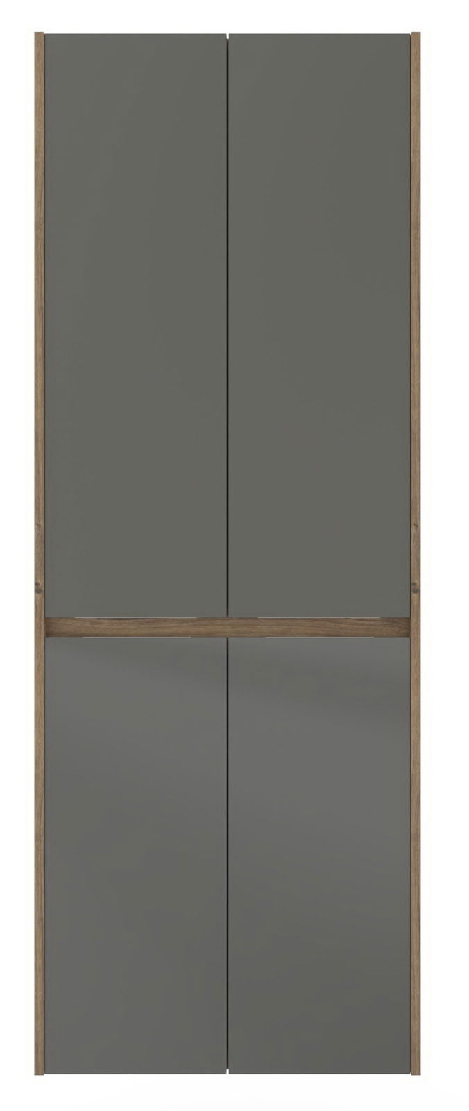 Hochschrank mit grauen Türen und Holzrahmen, Frontalansicht