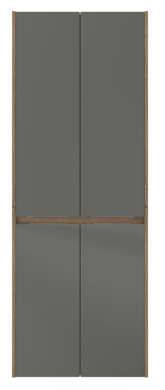 Hochschrank mit grauen Türen und Holzrahmen, Frontalansicht